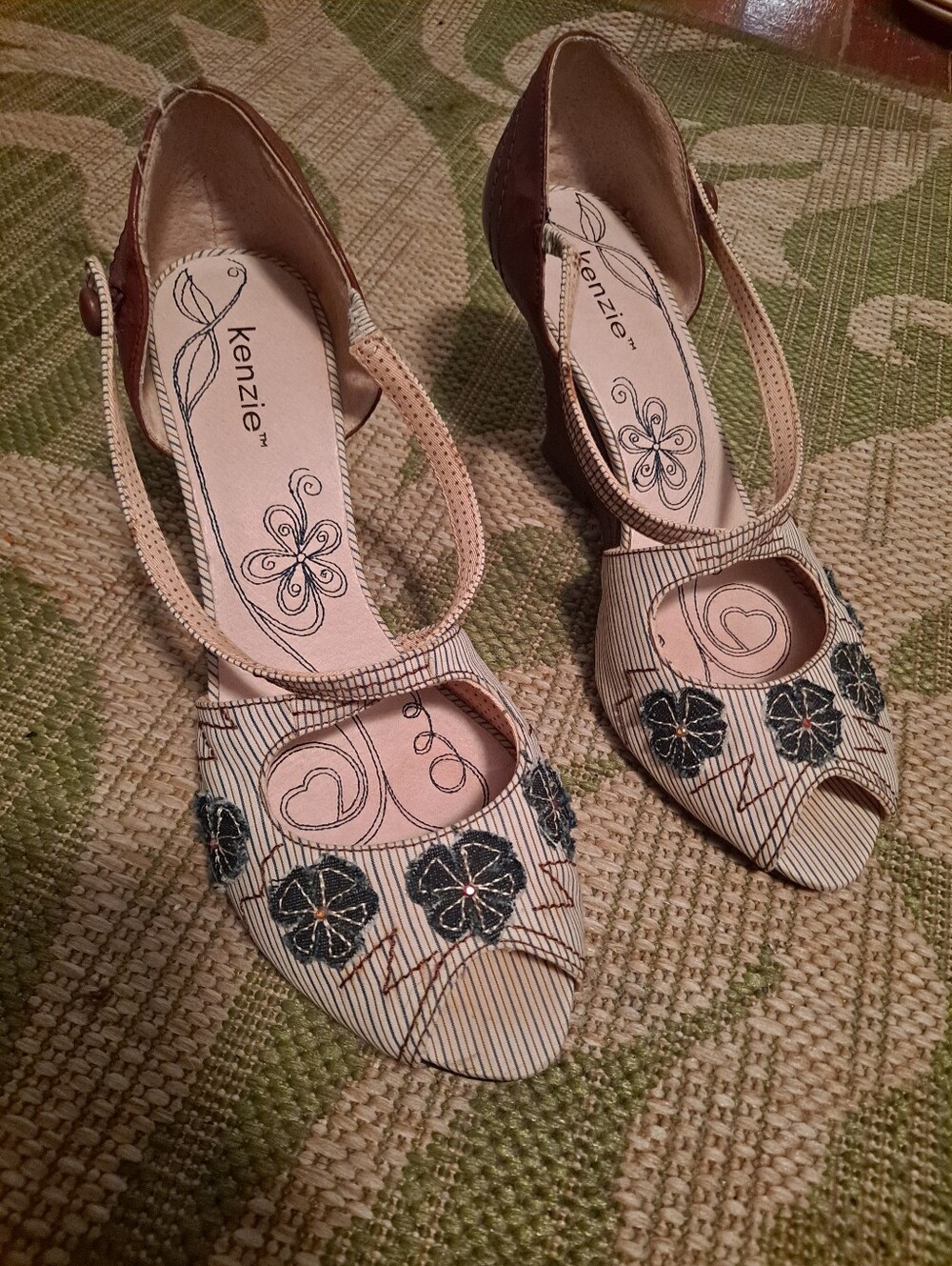 Kenzie Beige, Black, Blue Denim Floral Slingback Heels